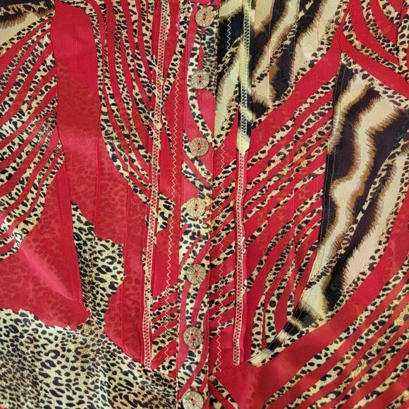 Carrie Allen Animal Print Button Up Blouse Women M Red Leopard LS Sheer Mob Wife - Picture 4 of 13